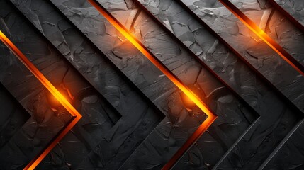 A dark void is punctuated by a black chevron pattern, its edges outlined with an orange glow that draws the eye upwards. Three light strips in the upper right corner act as a beacon