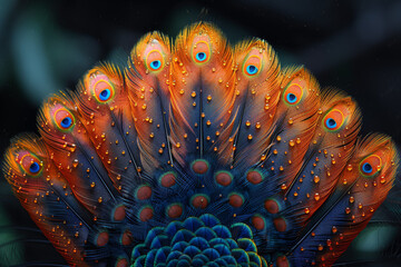 Wall Mural - The intricate patterns on a peacock feather, displaying its colors. Concept of avian beauty and natural design. Generative Ai.