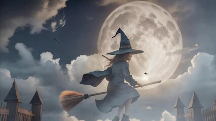 Wall Mural - witch flying on her broom in the moonlight 4k features an a.i. generated video of a witch flying on 