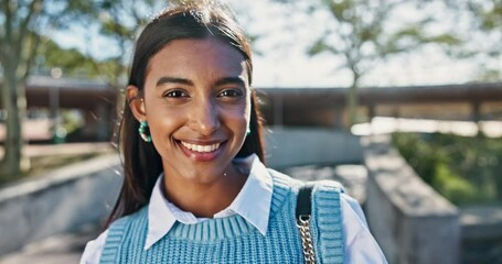 Poster - Indian woman, happiness and urban for work as teacher, lecturer with smile in portrait for travel. Female person, outdoor and cheerful in city for career, professor with knowledge for commute