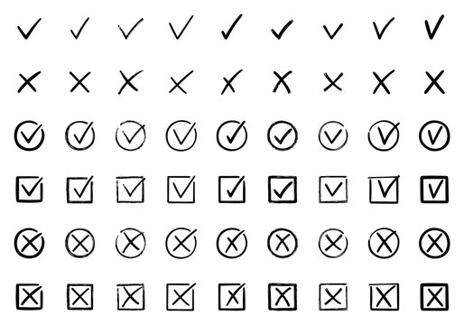 Check marks doodle set. Checkbox, checklist, tick and cross signs, v and x in sketch style. Hand drawn vector illustration isolated on white background