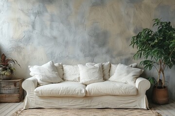 Canvas Print - minimalist home decor, a serene minimalist living space with a white sofa and a potted plant, embodying the essence of new age minimalism for a calm and uncluttered atmosphere