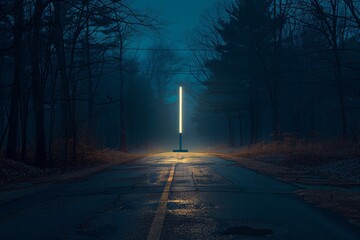 Poster - An enigmatic image of a brightly-lit vertical monolith on a foggy country road amidst a backdrop of a dense and dark forest setting