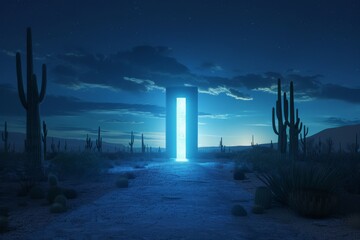 Poster - A serene nocturnal desert scene featuring a glowing blue portal among cacti under a starry sky, suggesting mystery and adventure