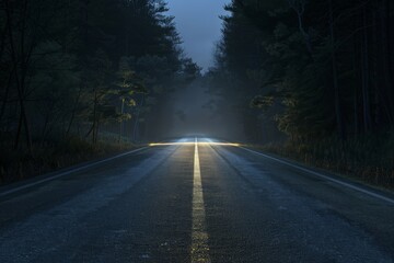 Aufkleber - An evocative night scene showing a mysterious bright light at the end of a forest-lined road