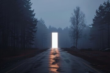 Poster - This image captures a solitary luminous portal on a foggy forest road, evoking mystery and solitude