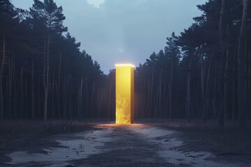 Aufkleber - A surreal scene depicting a golden glowing door in a misty forest, suggesting mystery and otherworldly beauty