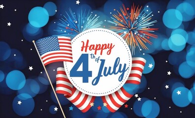 Wall Mural - Celebrating Independence Day with fireworks and American flags, Happy July of 4th handwritten text  on round frame with dotted border, blue bokeh background 