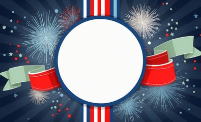Wall Mural - A patriotic background surrounded by a round frame with a blue border, Scene features a blue sunburst backdrop with colorful stars, fireworks, a red ribbon, and American-style stripes, 4th July
