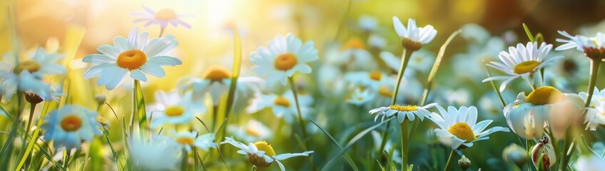 Beautiful spring landscape with meadow flowers and daisies in the grass Natural summer panorama