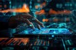 © MUdaylah - Digital technology, big data, business finance and investment with innovative futuristic technology background. Business man using digital tablet with financial graph growth chart with generative ai