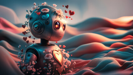 Wall Mural - A robot with hearts and flowers on its head in a field, AI