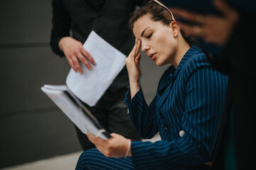 A businesswoman in a striped suit looks stressed as she reviews documents. Concept of work pressure, stress, and corporate environment.