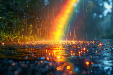Poster - A colorful rainbow appearing as the rain begins to clear. Concept of hope and beauty after the storm. Generative Ai.
