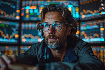 Poster - a stock market trader monitoring price movements on multiple screens. concept of investment and mark