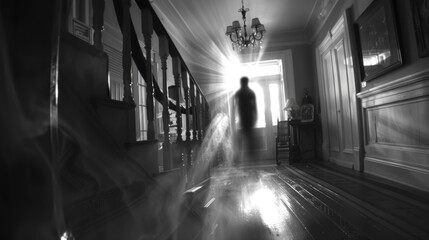 Wall Mural - ghost or specter inside a house in black and white