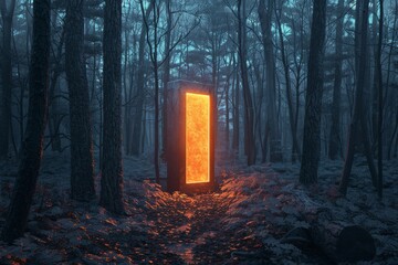 Poster - An ethereal forest scene with a bright, fiery orange portal standing among the trees, casting a warm glow