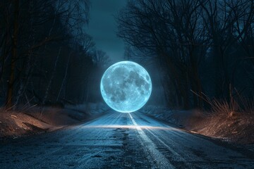 Aufkleber - A captivating full moon dominates the sky above a desolate road, casting a ghostly light in a mystical nighttime setting