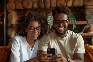 Poster - happy couple on sofa using smartphone