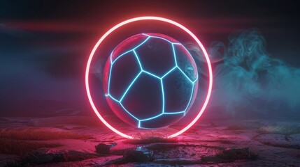 A neon soccer ball is lit up in a purple blue and red glow