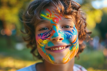 Poster - The face of a youth is blurred against a backdrop of brightly hued foliage, highlighting the colors and texture of nature