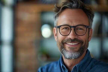 Wall Mural - Man with glasses and beard smiling in blue shirt