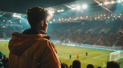 A man is standing in a stadium with crowd of people watching a soccer game Football fan celebrating a goal or victory