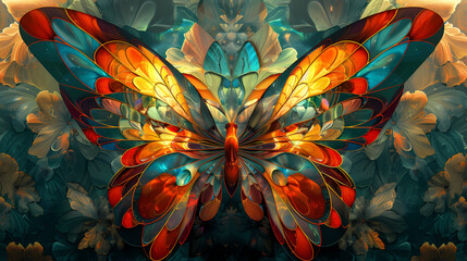 Wall Mural - Digital fractal art design of a flower or butterfly in stained glass