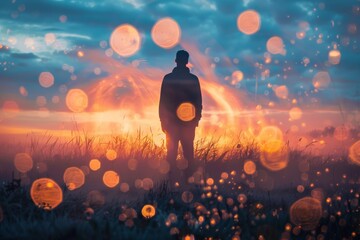 Aufkleber - A contemplative silhouette stands amid a field with sparkling bokeh effects and a vibrant sunset