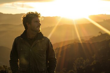 Poster - The photograph captures a silhouette of a person during sunrise, with sun rays creating a halo effect