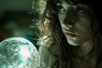 Poster - In a dim and mysterious atmosphere, a person's profile is illuminated by a glowing orb, evoking curiosity and wonder