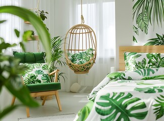 Vibrant green armchair near the bed with a wooden headboard and a plant print duvet in a white bedroom with a hanging chair, copy space for text stock photo contest winner, stockphoto, 35mm lens f/2