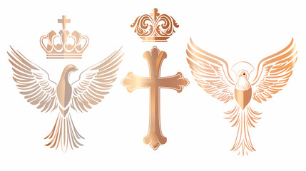 Wall Mural - holy trinity symbols. cross, crown and dove of holy spirit. christian symbols against white backgrou