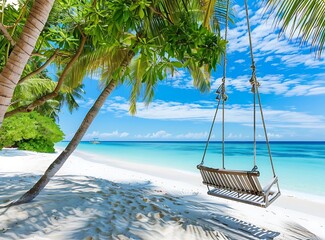 White sand beach with palm trees and a blue sky background in the Maldives islands, a tropical landscape panorama view with a hanging swing chair sofa for a summer vacation concept