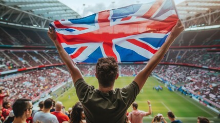 A man holding a flag in a stadium full of people Football fans or spectators at the football championship