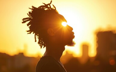 Wall Mural - Silhouette of African American man with dreads looking at the sunset over city skyline, backlighting, side view, copy space concept,