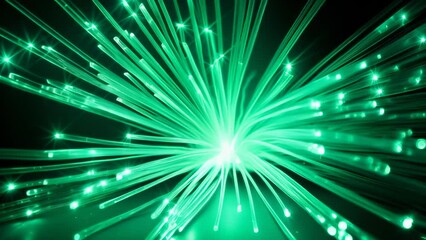 Wall Mural - Burst of green fiber optic lights, radiating in all directions, creating a dynamic and mesmerizing visual effect. Represents high-speed data transfer and modern technology. 