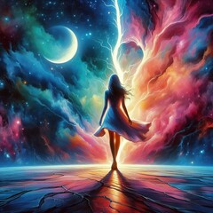 Wall Mural - A young woman standing in the middle of a crack in a galaxy, surrounded by colorful cosmic elements and stars