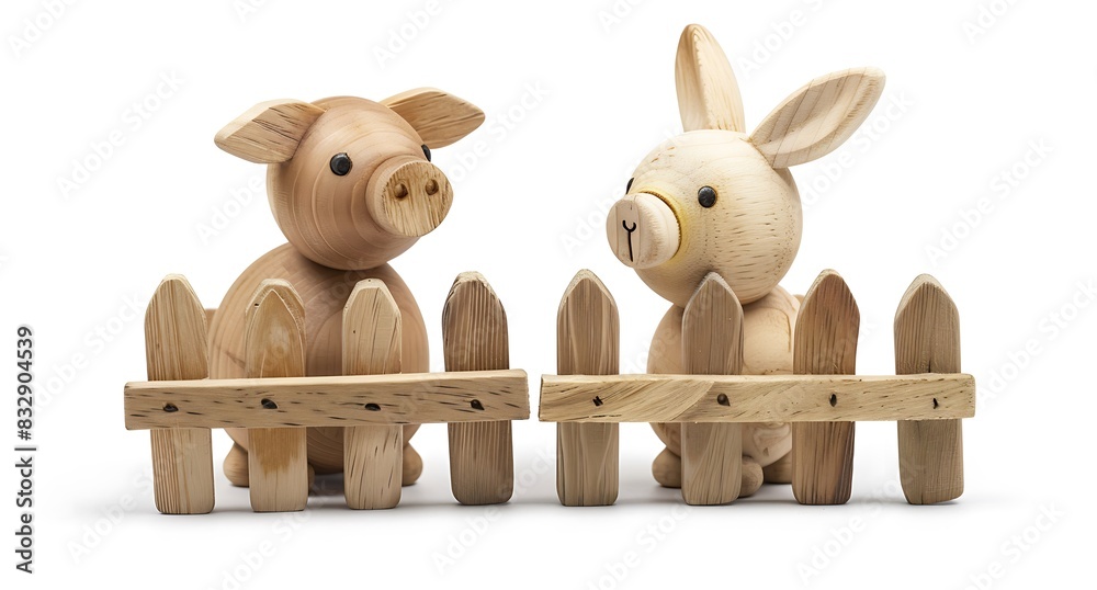 Wooden farm animal figurines on a white background, simple wooden toys ...