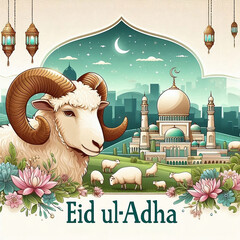 Canvas Print - Eid ul-Adha text Greeting card for Eid al-Adha (Feast of the Sacrifice) with shee vector illustration banner, card, poster flyer template created with generative ai