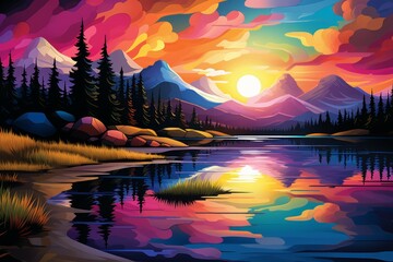 Wall Mural - Lakeside reflections - Generative AI