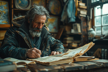 Poster - A writer crafting a novel, constructing worlds and characters with words to captivate readers' imaginations. Concept of literary creation and storytelling. Generative Ai.