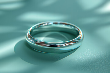 Poster - Platinum ring on a mint green background. Concept of rarity and purity. Generative Ai.