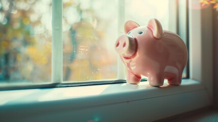 A piggy bank on a windowsill with space around it for incorporating text or promotional messages