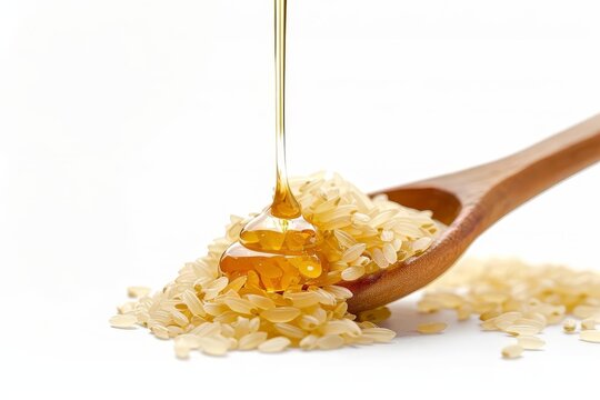 pure rice bran oil dripping from rice grains natural healthy ingredient isolated on white product photography