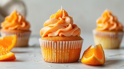 Wall Mural - An orange cupcake displayed on a white surface