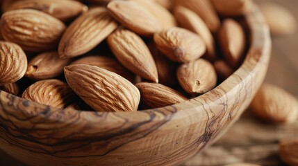 Wall Mural - Close up of raw dried almonds in a wooden bowl