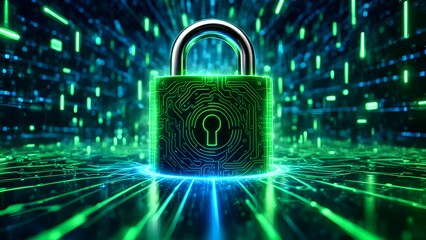 Poster - A green lock with a keyhole is displayed on a green background. The lock is surrounded by a green glow, giving it a futuristic and high-tech appearance. Concept of security and protection