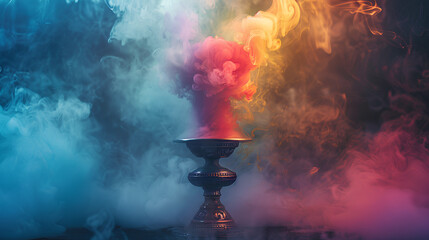 close-up of hookah bowl in colorful smoke