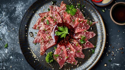 Wall Mural - slices artfully arranged on a plate, topped with sesame seeds and served with dipping sauce